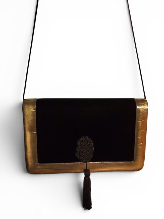 Vintage Handbags - Vintage Black Velvet and Gold Evening Shoulder Tassel Bag